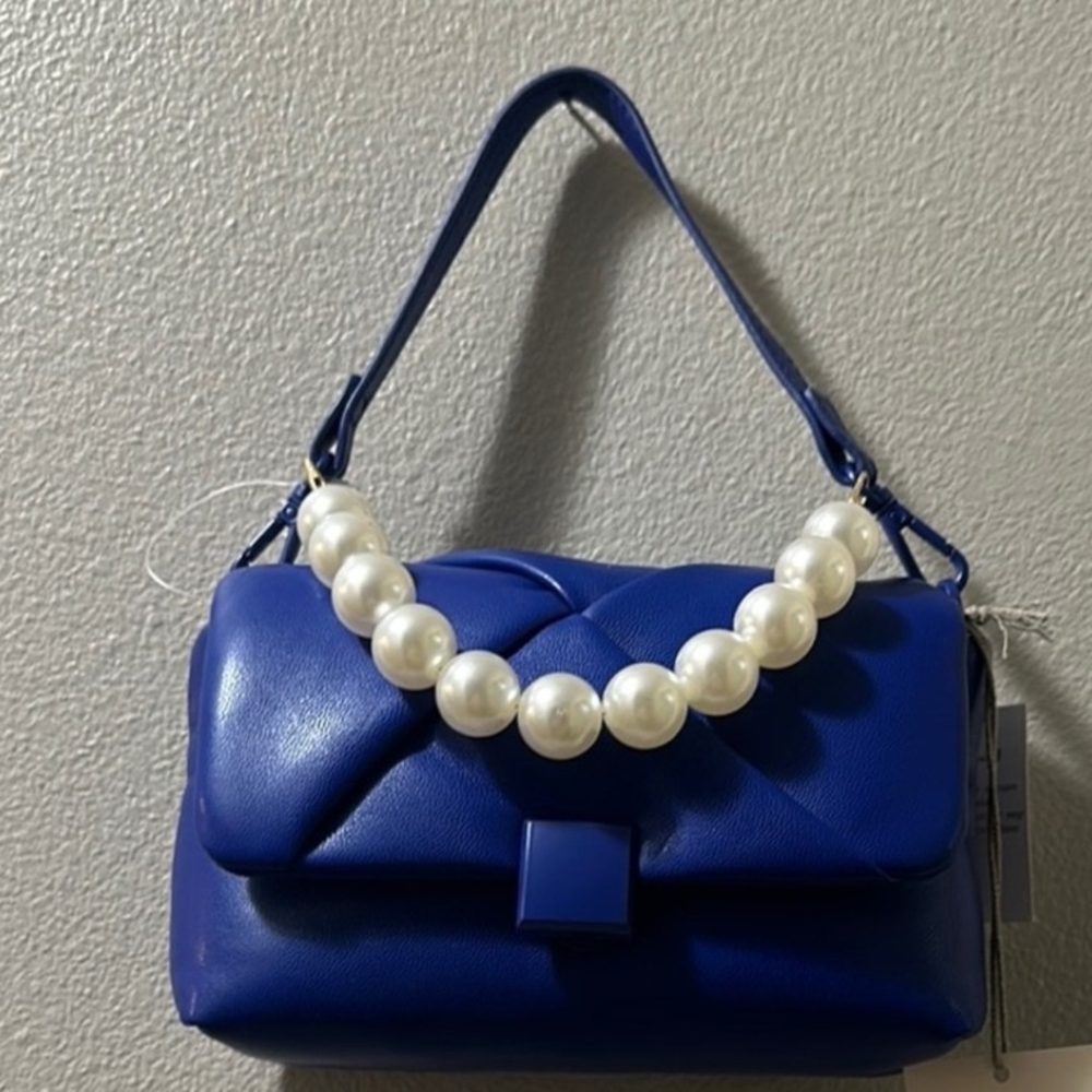A New Day Blue and White Mini Bag with Pearl Beaded Handle NEW !
